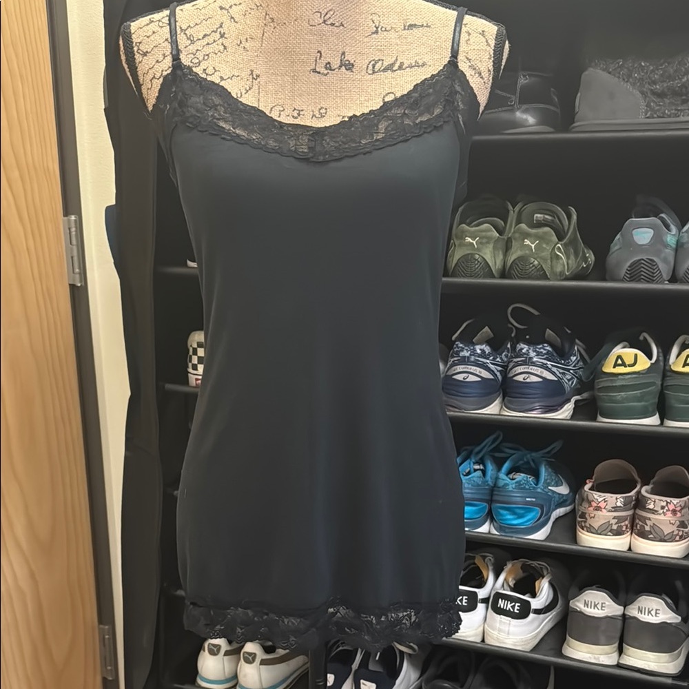 Vintage black lace edged camisole. Adjustable shoulder straps. Long, size L.